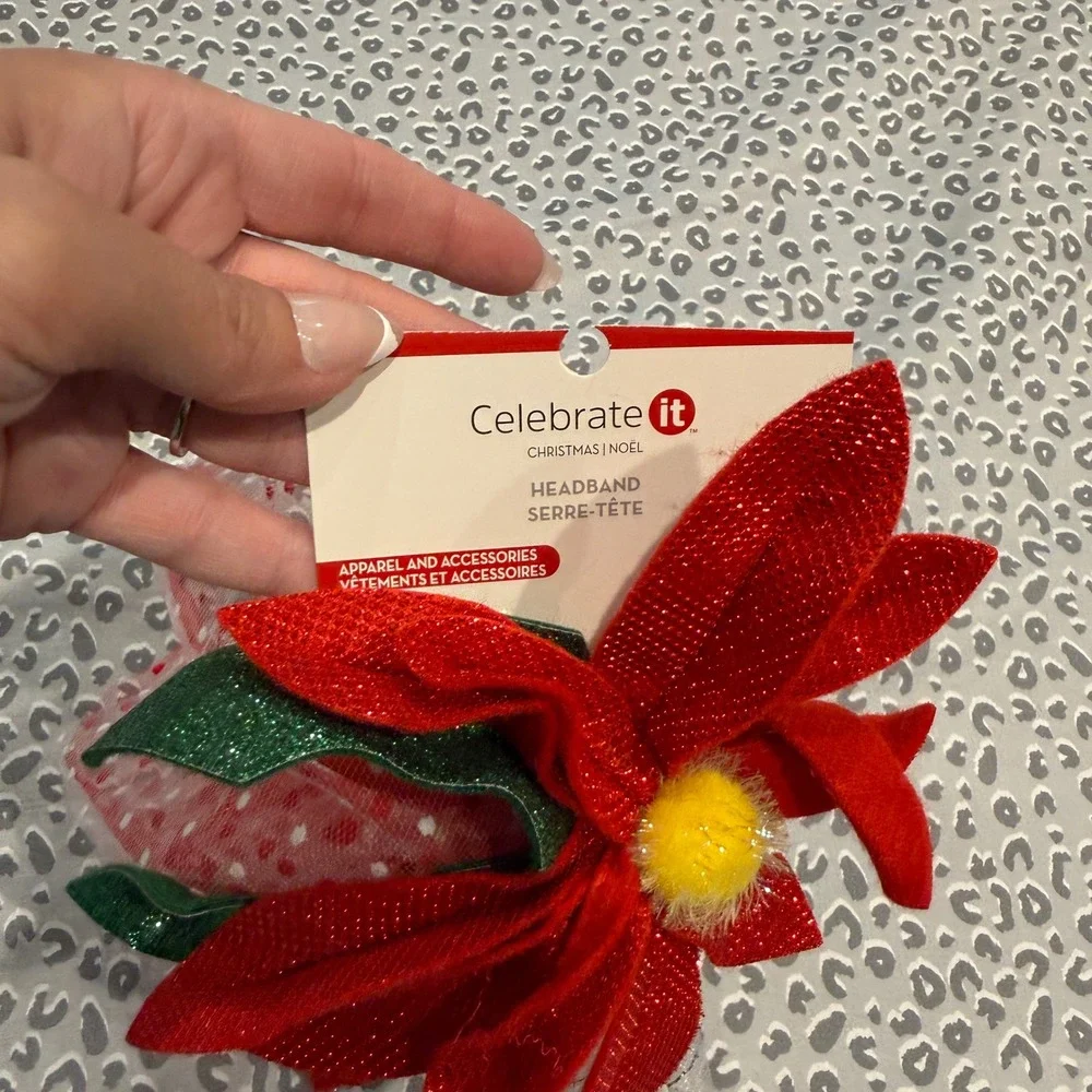 Celebrate It Christmas Poinsettia Headband Red Glitter Flower Polka Dot Veil NWT